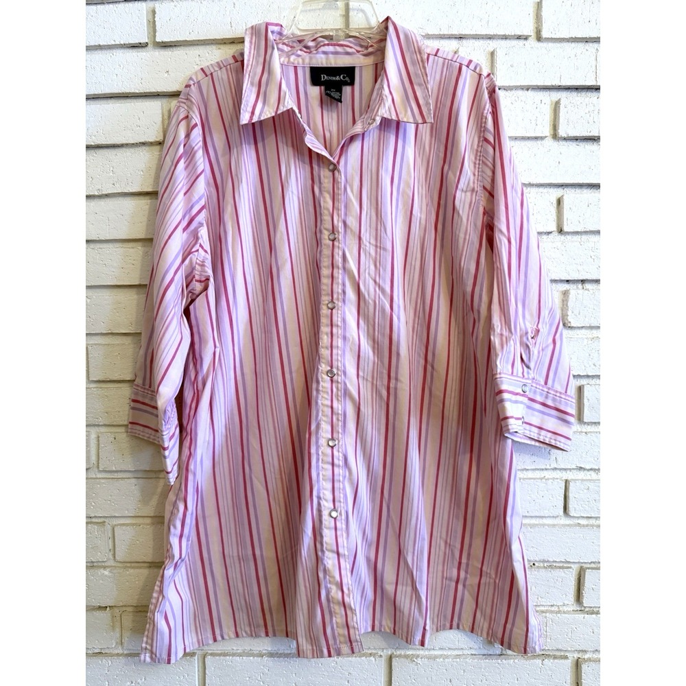 Denim & Co. Wrinkle Resistant Stretch Striped Tunic‎ Pink Size 2X 3/4 Sleeve